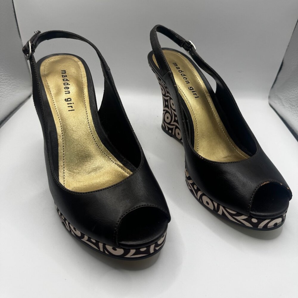 Madden Girl Black Slingback Wedge Heels Tribal Print Wedges
